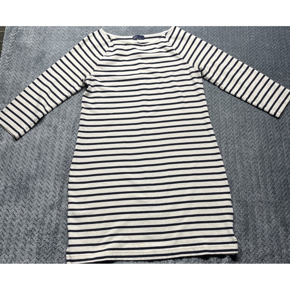 Gap Dress Women M Striped 3/4 Sleeve Sheath Knee Cream/Navy Blue Nautical Casual